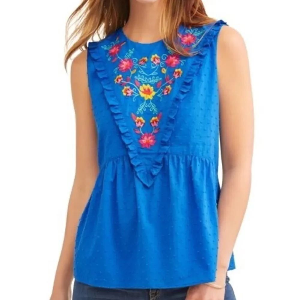 NWT Time and Tru Top Royal Blue Swiss Dot Embroidered Size Medium 8-10